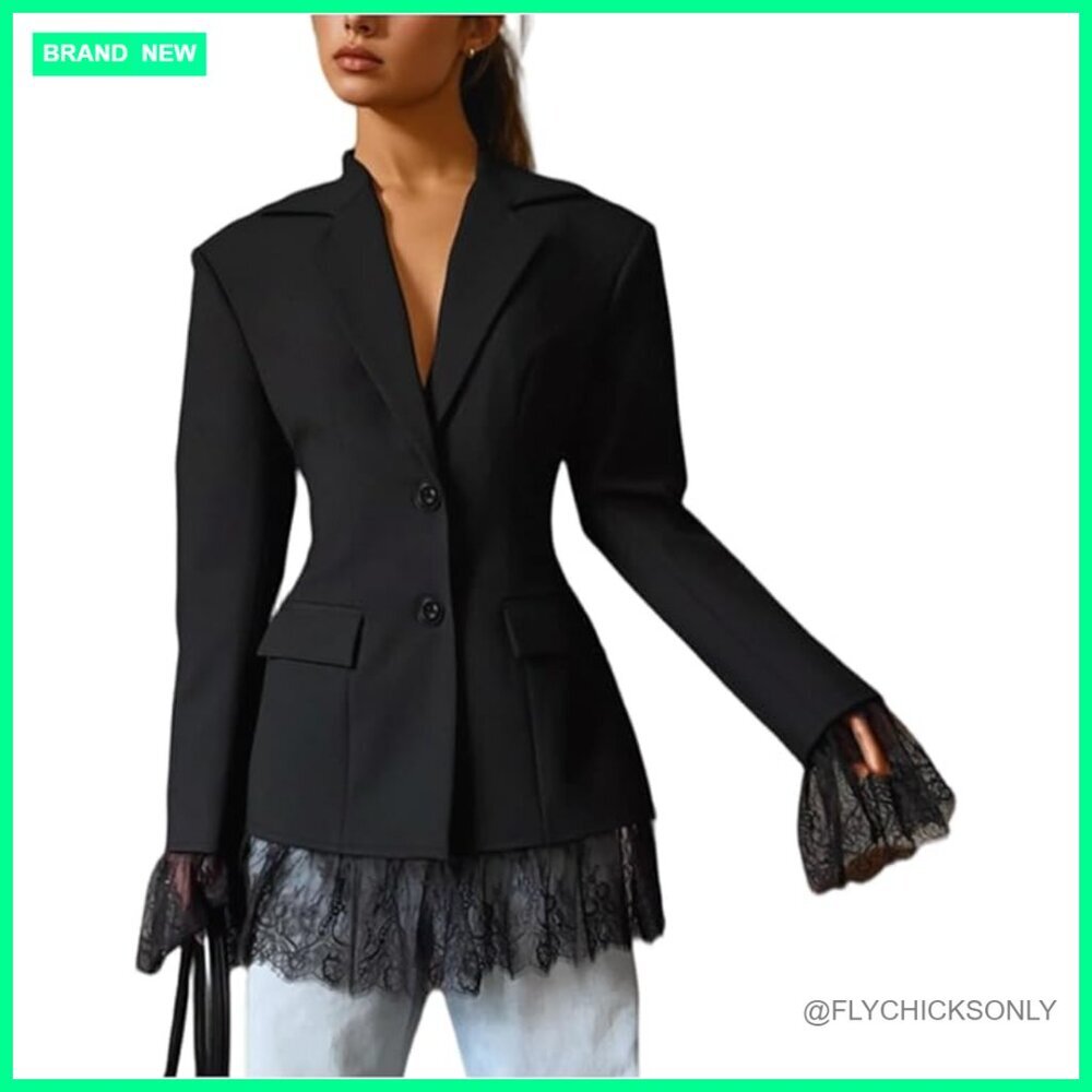 Polyester Spandex Blazer with Lace Mesh Hem Slim Fit Business Casual